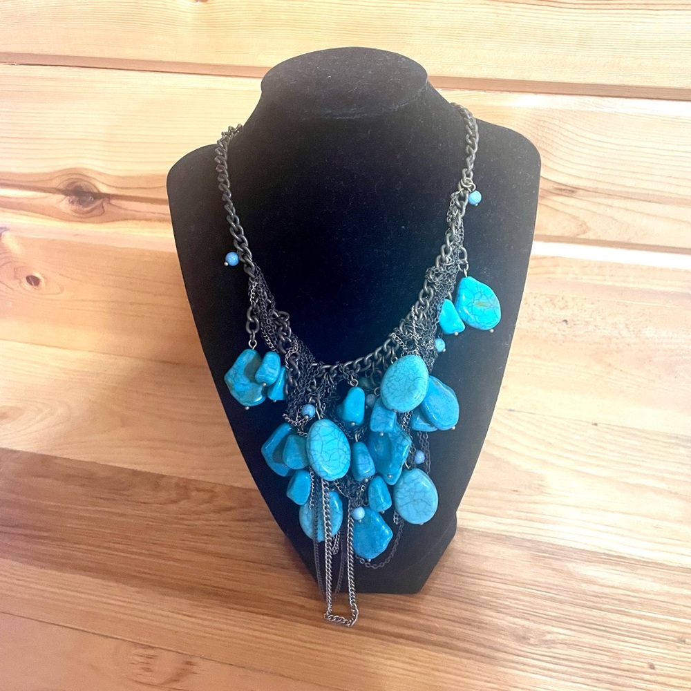 Turquoise Beaded Necklace with Adjustable Antiqued Gold Chain